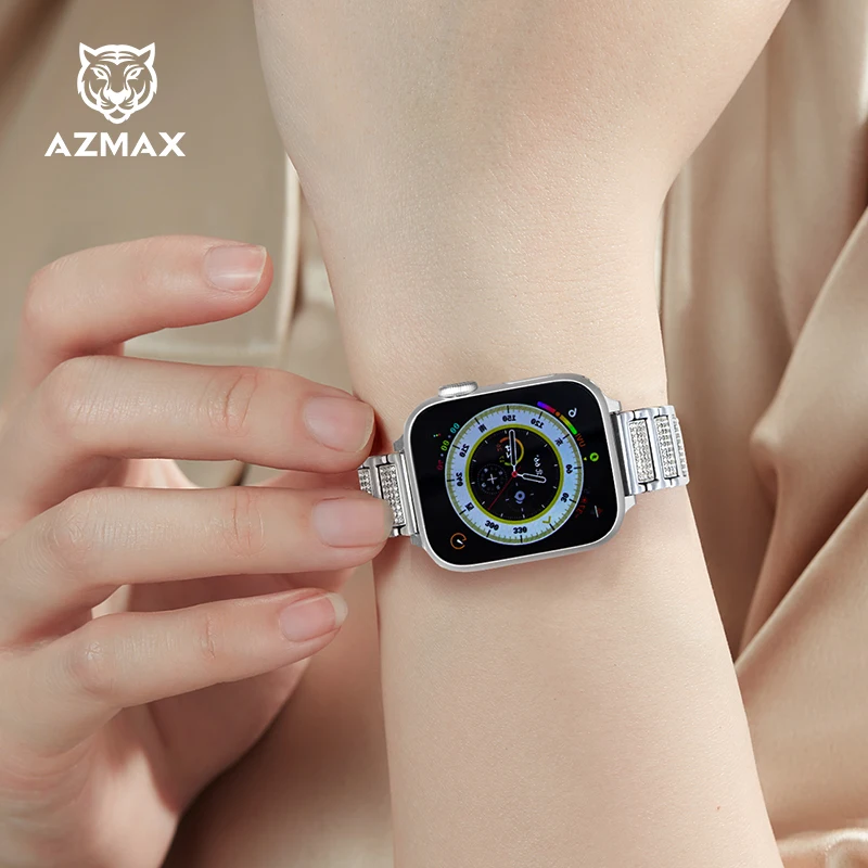 AZMAX  Women's Stainless Steel Bracelet for Apple Watch Series S7/8/9 Ultra2/1 Crystal Watch Strap Accessory