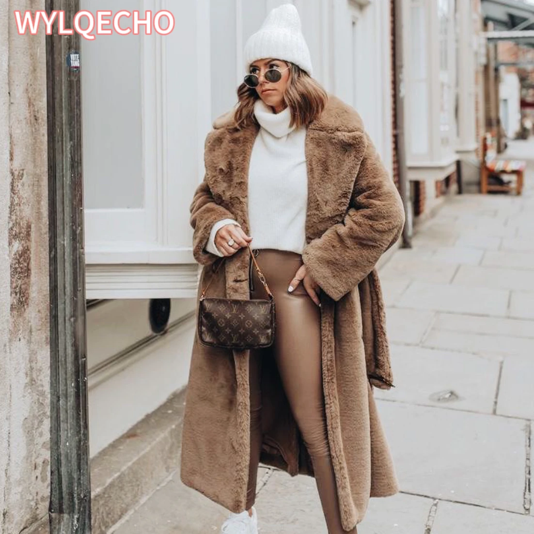 Luxury Winter Long Overcoats Women Oversized Lapel Belted Faux Rabbit Fur Coat Jacket Female Plus Size Outerwear Plush Fur Coats