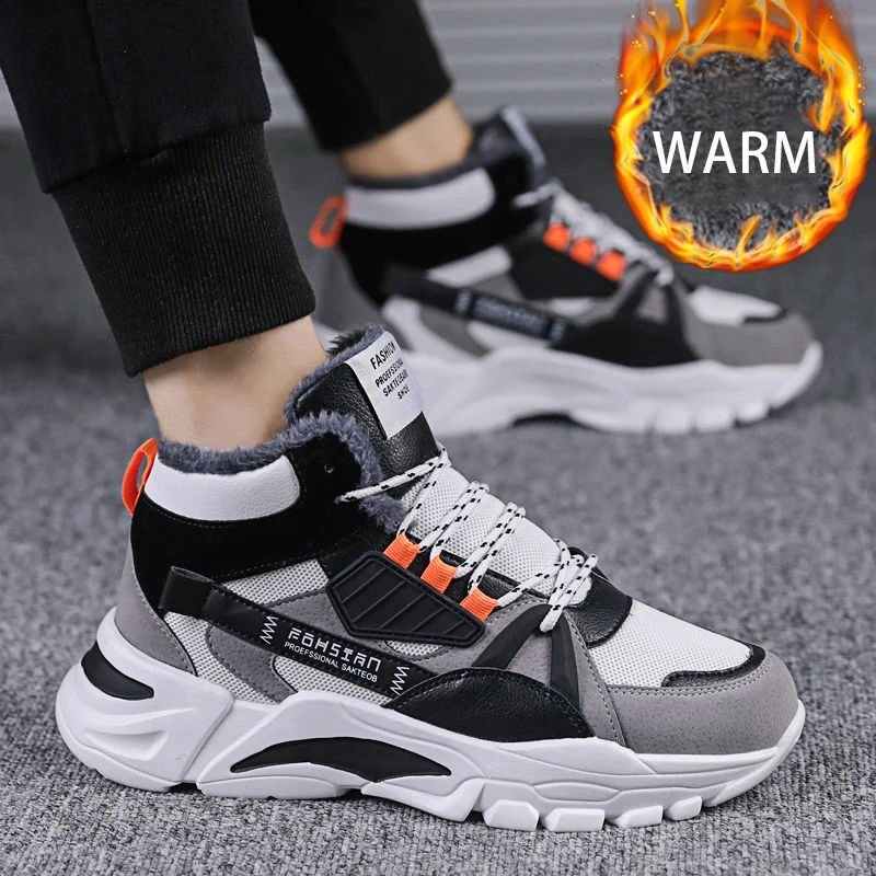 Winter Men\'s Boots Fashion Thick Bottom Non-slip Warm Winter Shoes For Men Fur Warm Ankle Snow Boots Footwear Male Sneakers 2023