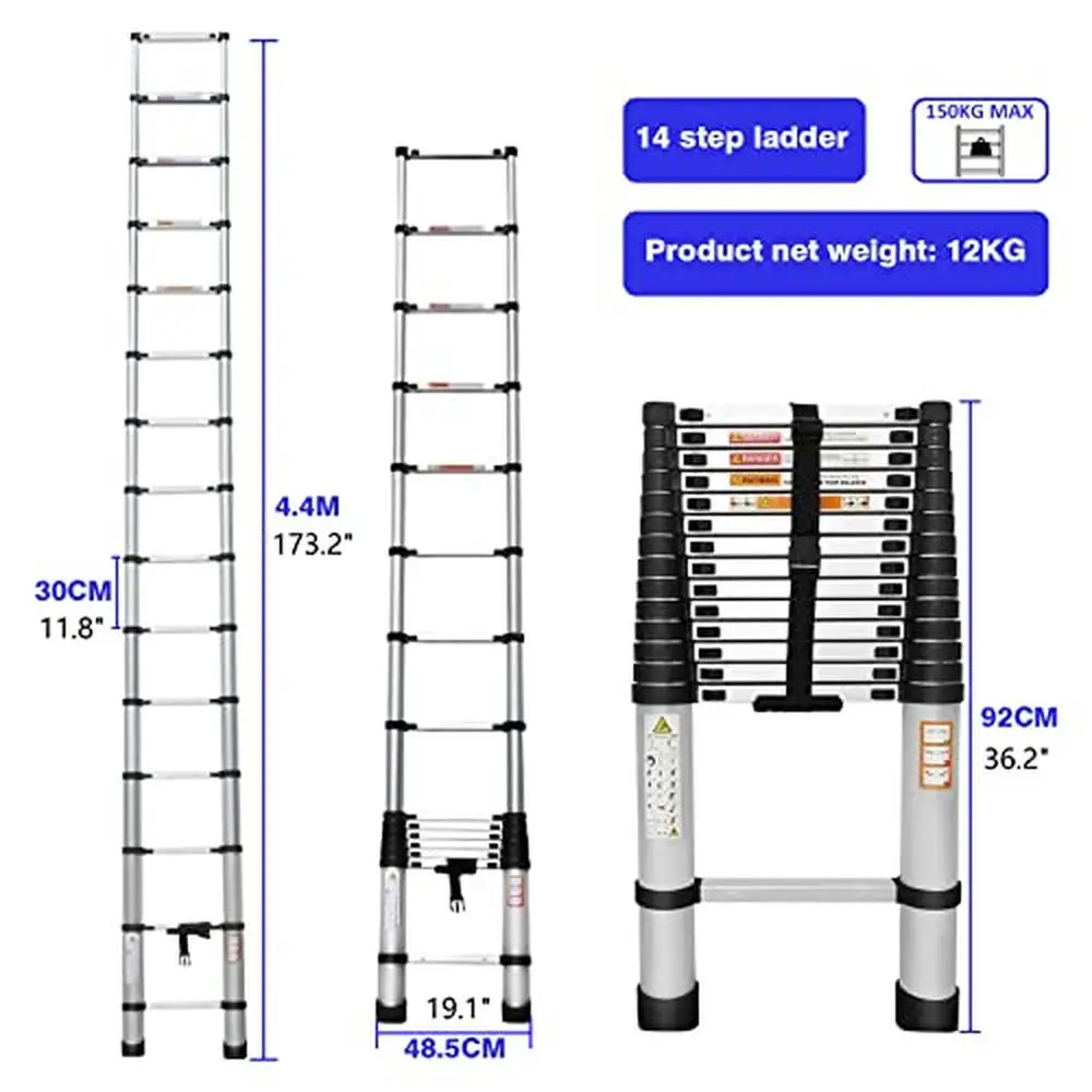 Aluminum Telescoping Extension Ladder 14FT Collapsible Attic RV Portable Loft Step Escape Telescope Roof Folding 330lbs 26.5lb