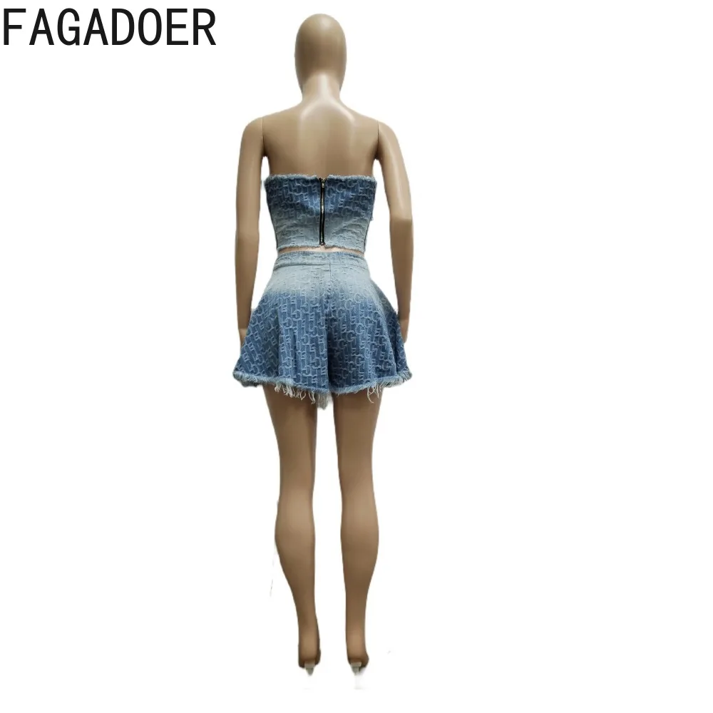 FAGADOER Fashion Gradient Denim A-line Skirts Two Piece Sets Women Sleeveless Tube+Mini Skirt Outfits Casual Pocket Cowboy Suits