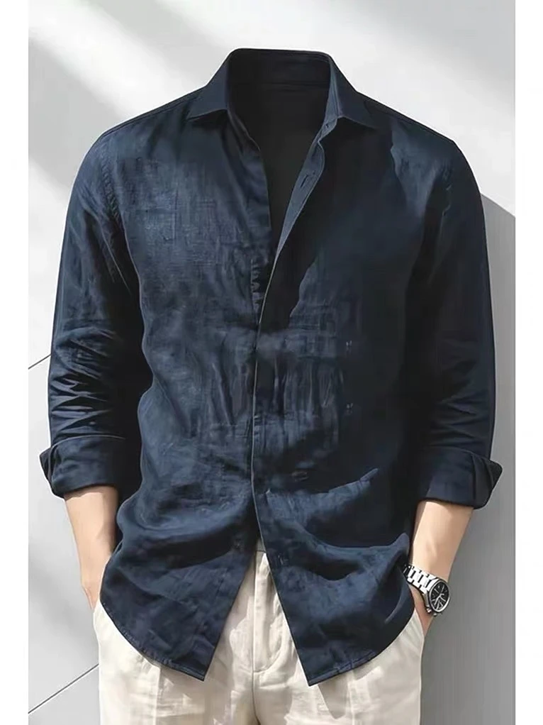 Men's Slim Fit Long Sleeve Linen Shirt Casual Style Thin Breathable Workwear Light Blue  Wrinkle Effect Spring Shirt