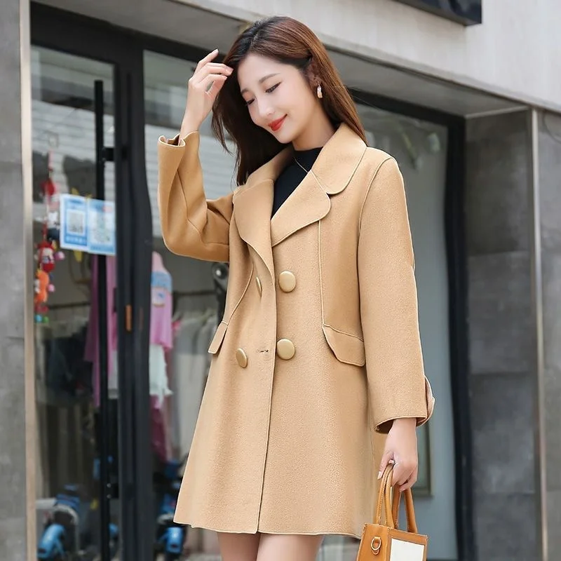 

2023 New Hand-Bonded Woolen Coat Mid-long Cashmere Jacket Black Loose 4XL Women's Spring Autumn High-End Woolen Coat Vintage LJ3