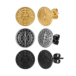 Compass Stud Earrings for Men Boys,Vintage Viking North Star Anchor Medal Stainless Steel Earrings,Male Boyfriend Dad Gift