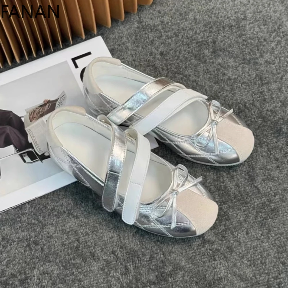 

Korean Sneakers Flats Ballet Shoes Women's 2025 Bow Velcro Silver Mary Jane Women's Single Shoes Low Heel Pumps