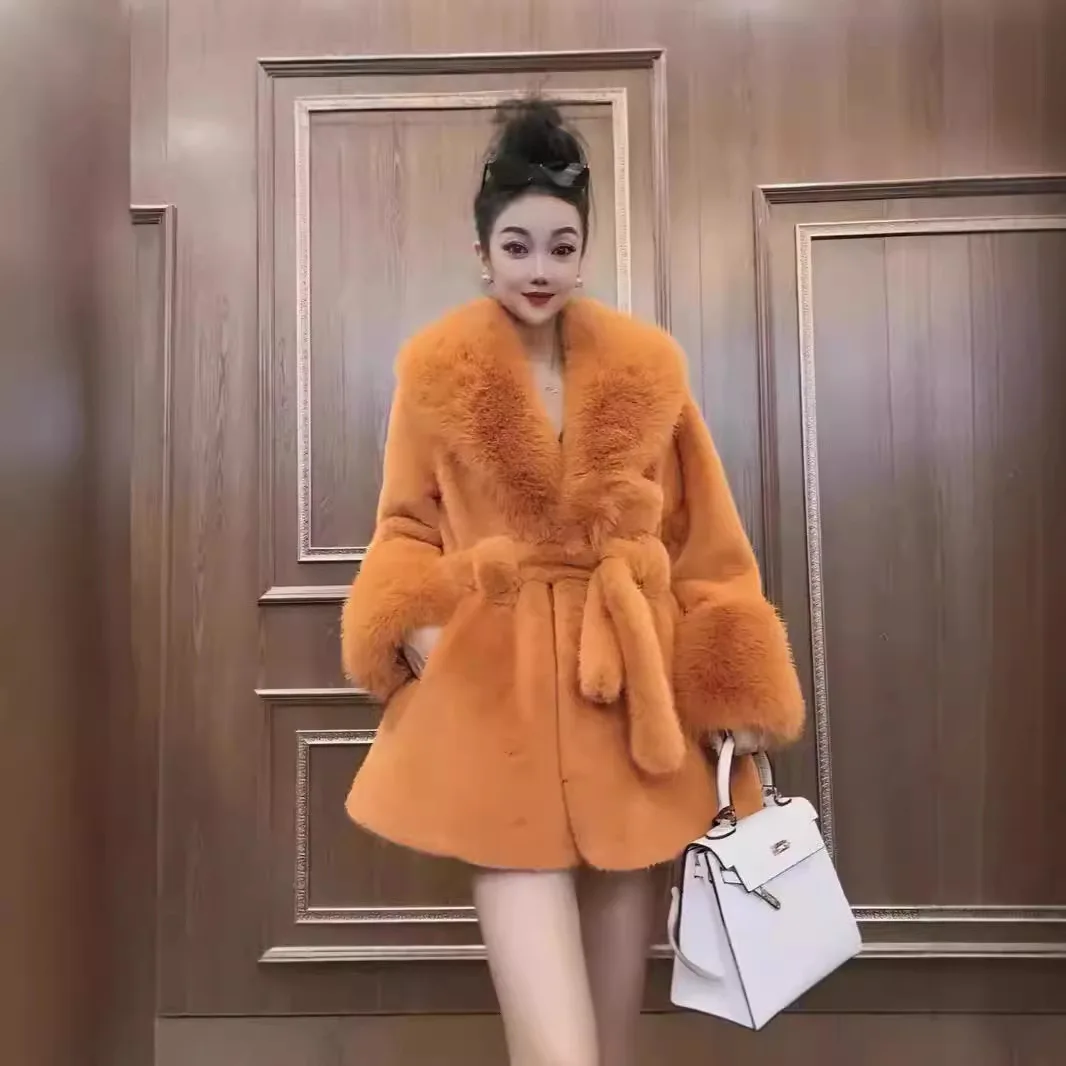 2025 Winter New Fur Coat High-End Feel Mink Fur Jacket Women Fashion Comfortable Warm Tie Waist Loose Mid-Length Fur Coat Female