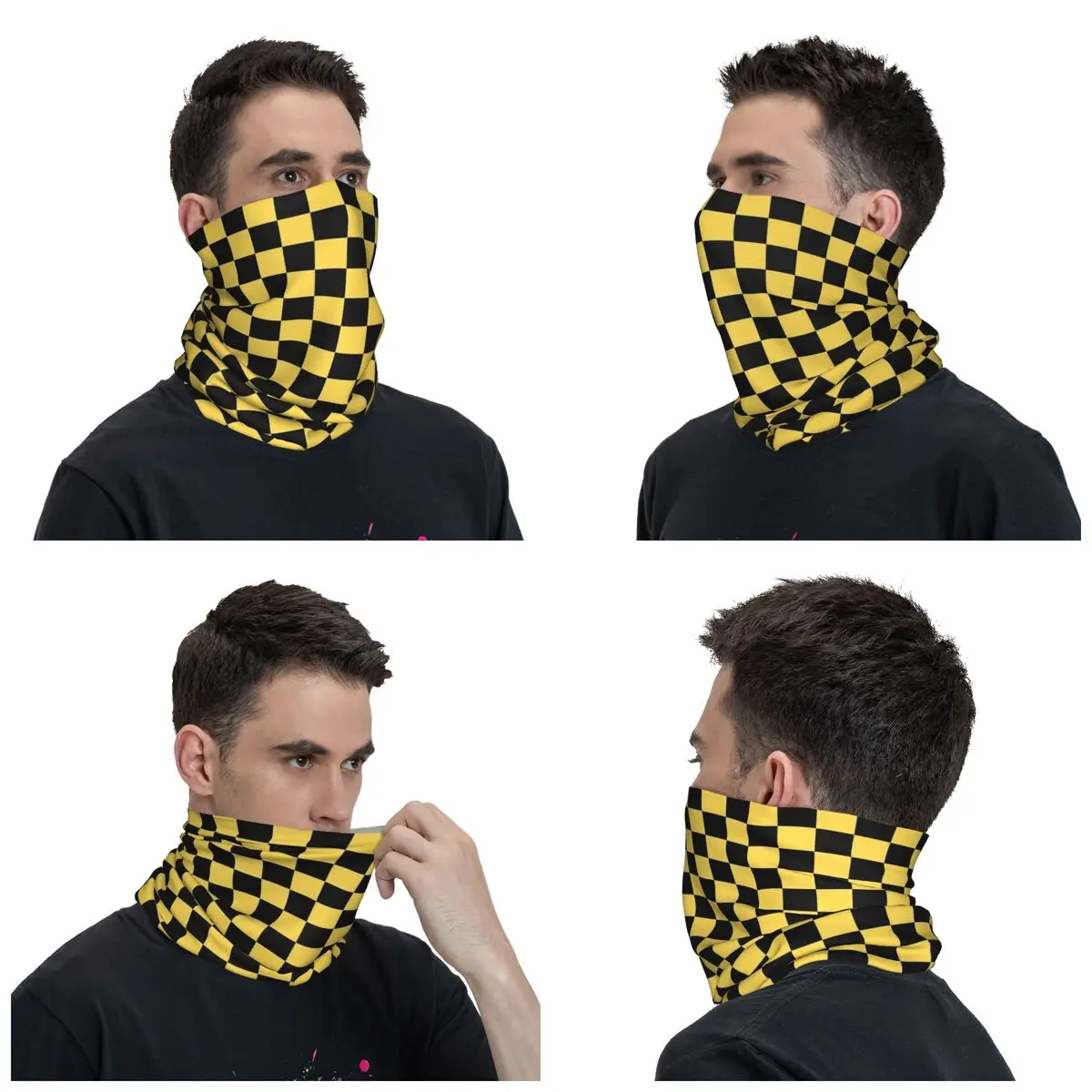 Bandana a scacchi nera e gialla scaldacollo stampato passamontagna sciarpa avvolgente copricapo caldo escursionismo Unisex adulto inverno