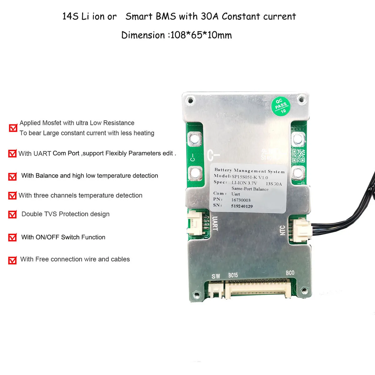 14S 58.8V Li ion battery Smart bluetooth software BMS with 20 to 60A constant current for electric scooter lipo or 18650 Battery