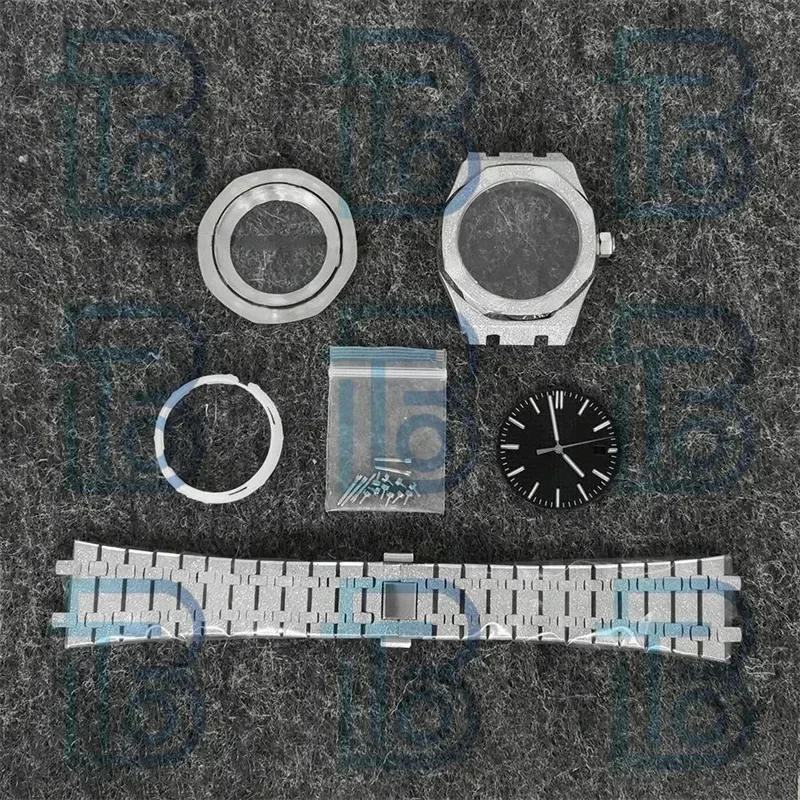 

41mm Frost Watch Case Dial Hands Butterfly Buckle Strap Transparent Bottom Watch Accessories for Royal Oak NH35 NH36 Movement