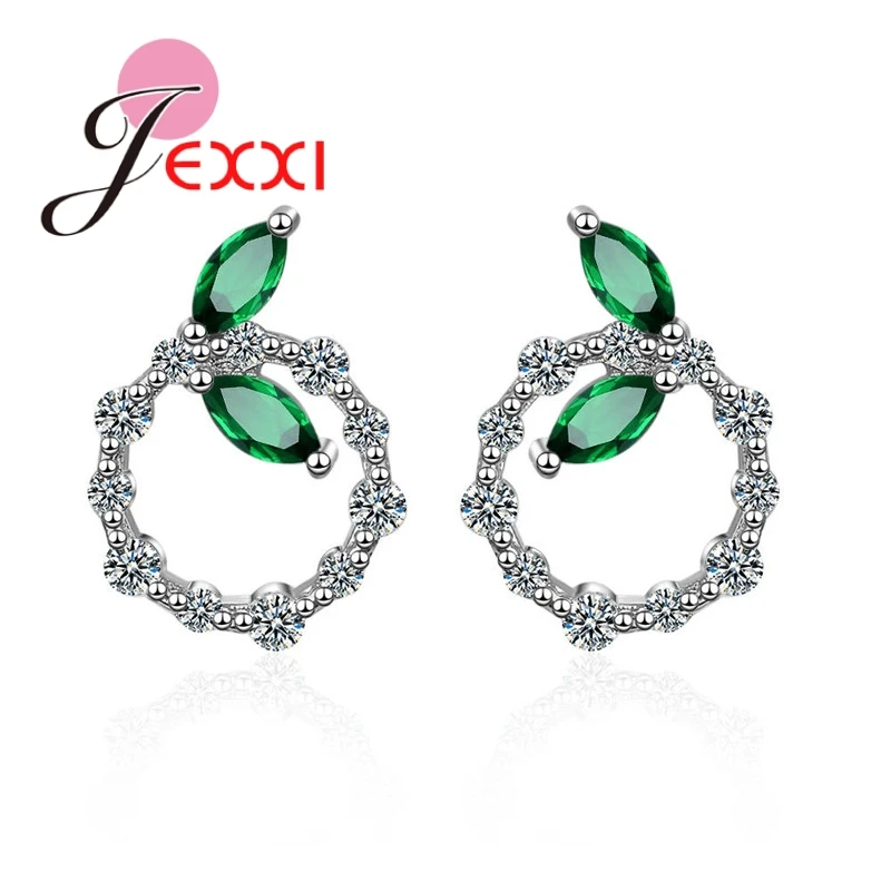 Elegant Green Leaf Round Engagement Wedding Anniversary 925 Sterling Silver Color Color Stud Earring For Women Girl Fashion J