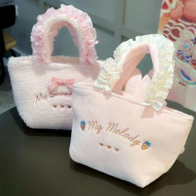 Sanrio My Melody Plush Tote Bag Cute Fluffy Handbag with Lace Ruffle Handle Bow Ears Design Large Capacity Shoulder Bag for Girl view 4