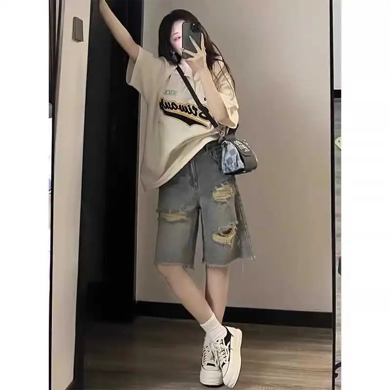 

High Waist Loose Fit American Retro Denim orts Women's Thin Straight Leg Wide Leg Five-Quarter Mid-Length Jeans