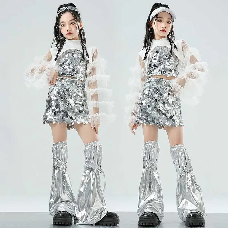 

Jazz Dance Wear Children Clothing Silver Sequin Vest Skirt White Crop Tops Fashion Kpop Stage Outfit Urban Dance Costume