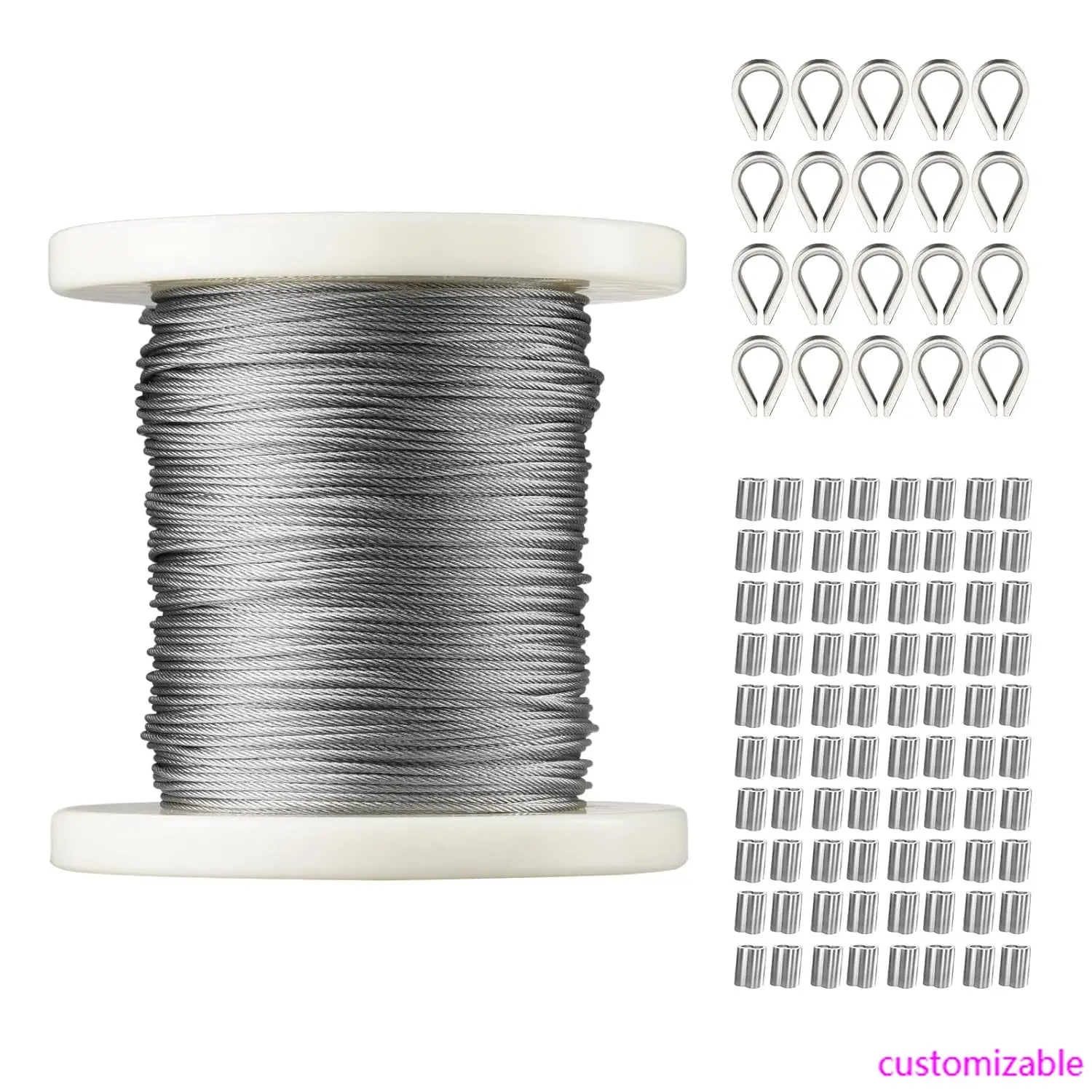 1/16 Wire Rope Kit, 304 Stainless Steel Cable with 80 Sleeves and 20 Thimbles, 7x7 Strands Construction Marine Aircraft Grade
