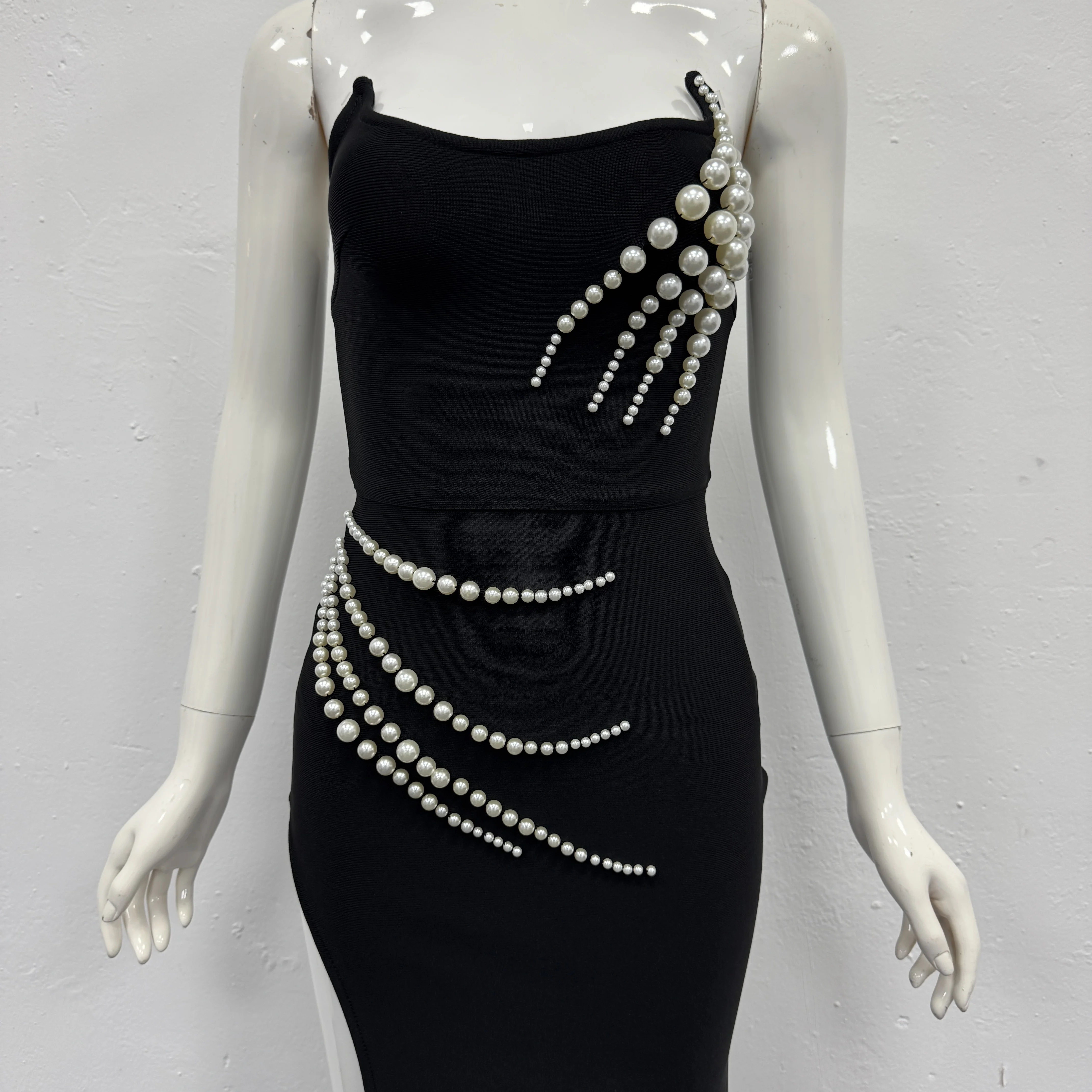 

Sexy Evening Dresses 2025 Woman Black Strapless Pearls Beads Fashion Party Celebrity Bandage Vestidos Long Women's Prom Dress
