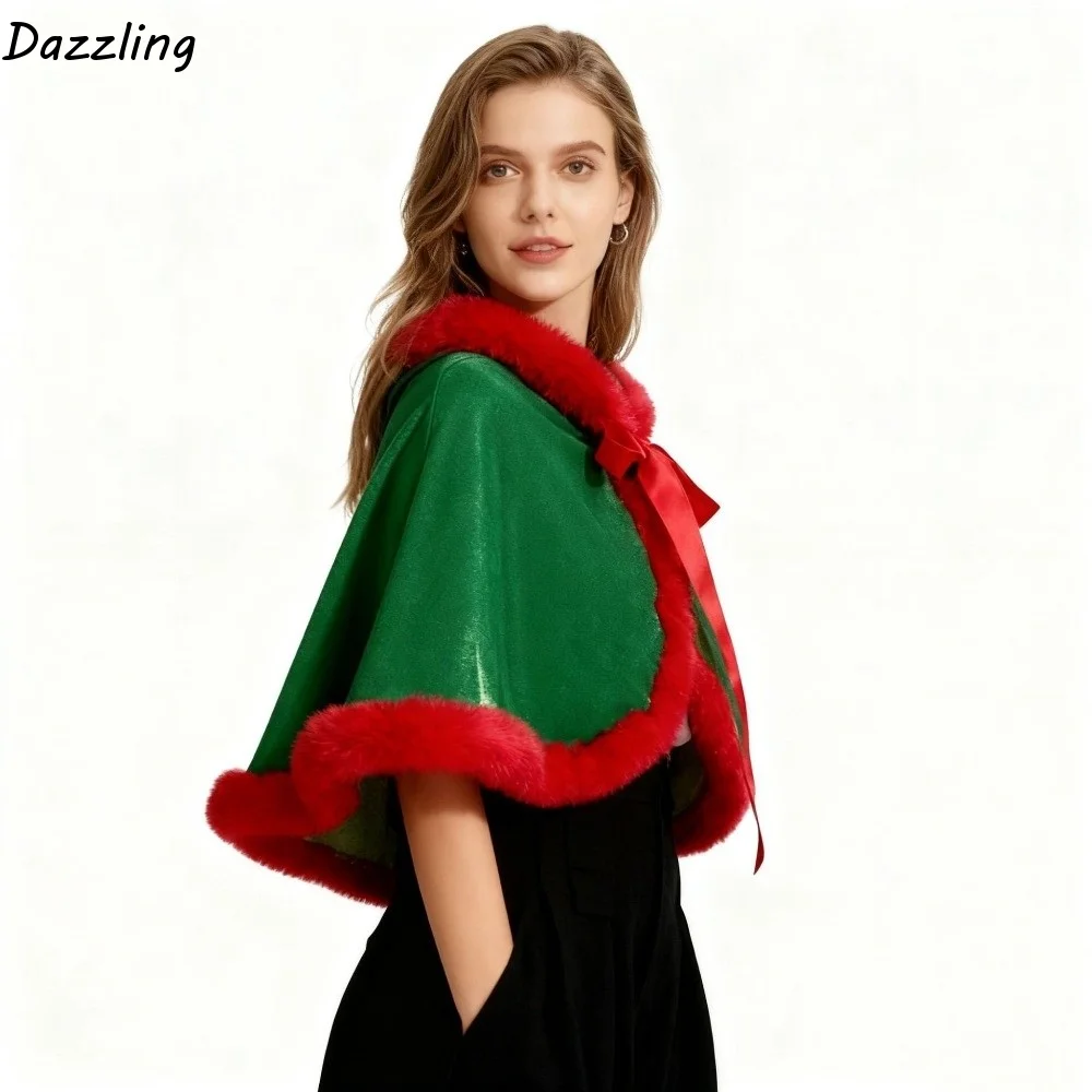 Fashion Polyester Christmas Hooded Cloak Thick Plush Xmas Cape Cosplay Costume Windproof Women Ponchos Party Costumes Dress