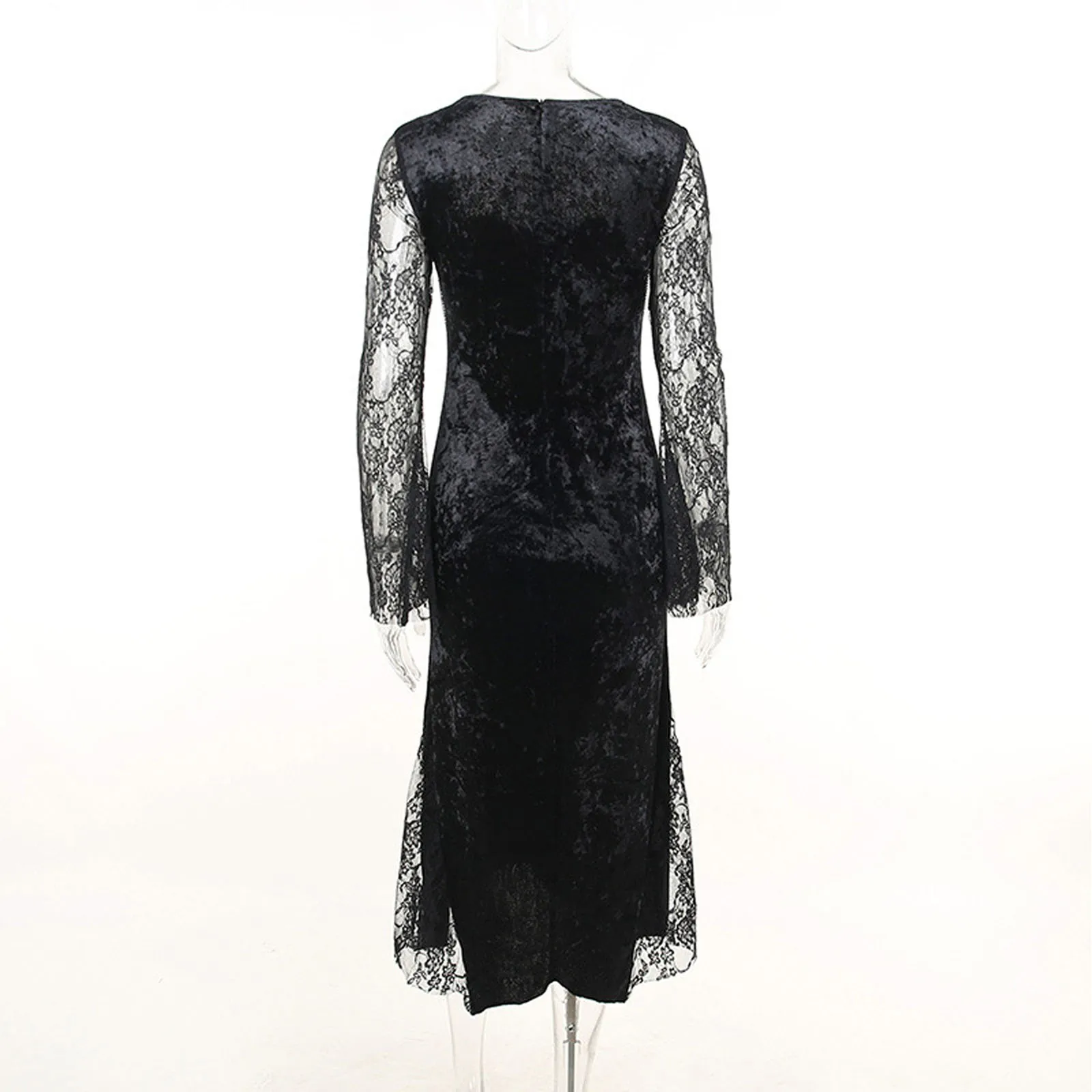 Abito da vampiro da donna punk gotico, manica lunga svasata, orlo a fessura, abito in velluto patchwork di pizzo floreale trasparente per la festa di cosplay di Halloween