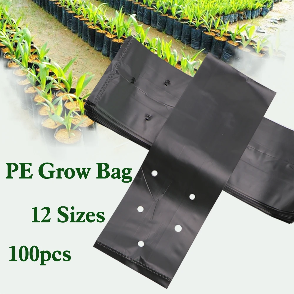 100PCS Black Planting Bag PE Plastic Nursery Care Bags with Vents Suitable For Small Or Large Garden Fruit Flower Cultivation