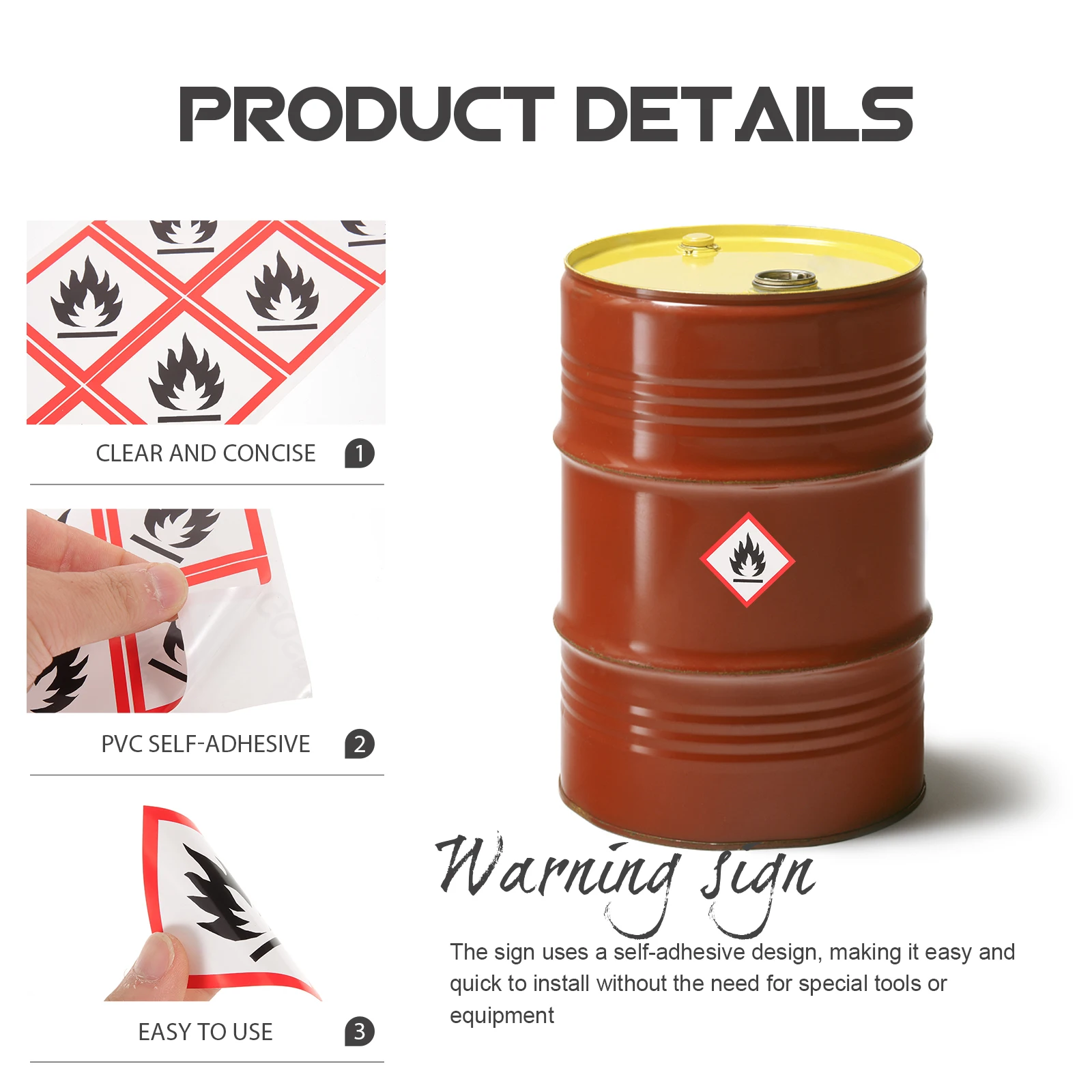 

Product Warning Sign Sticker PVC Self-Adhesive Fire Safety Tool Easy Install Flame Resistant Material Liquid