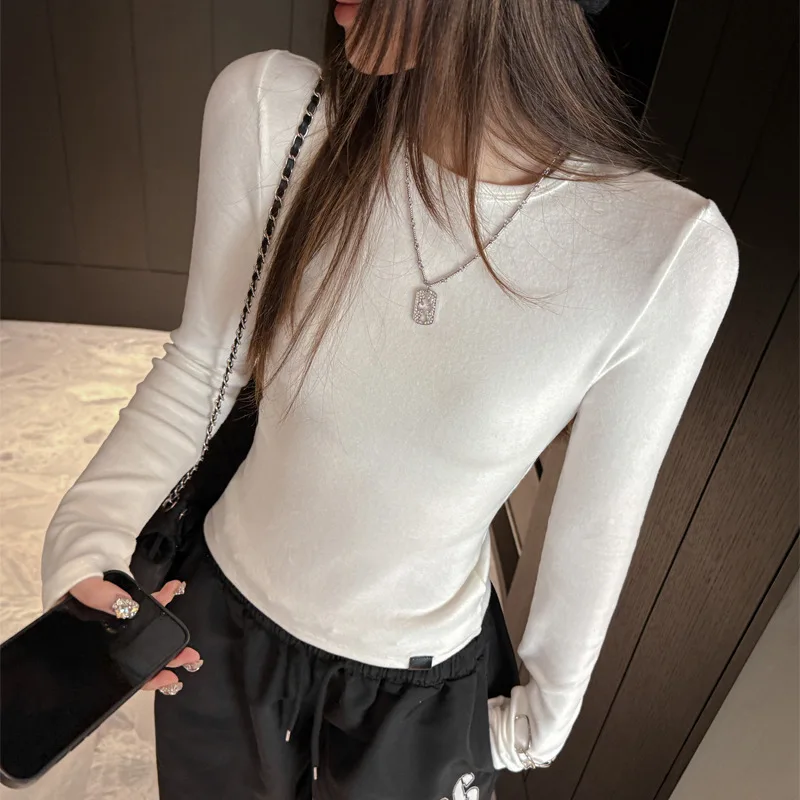 Slim Fit Long Sleeve round Neck T-Shirt Women's Winter Base Layer Shirt American Style Shoulder Level Top for plus Size Ladies