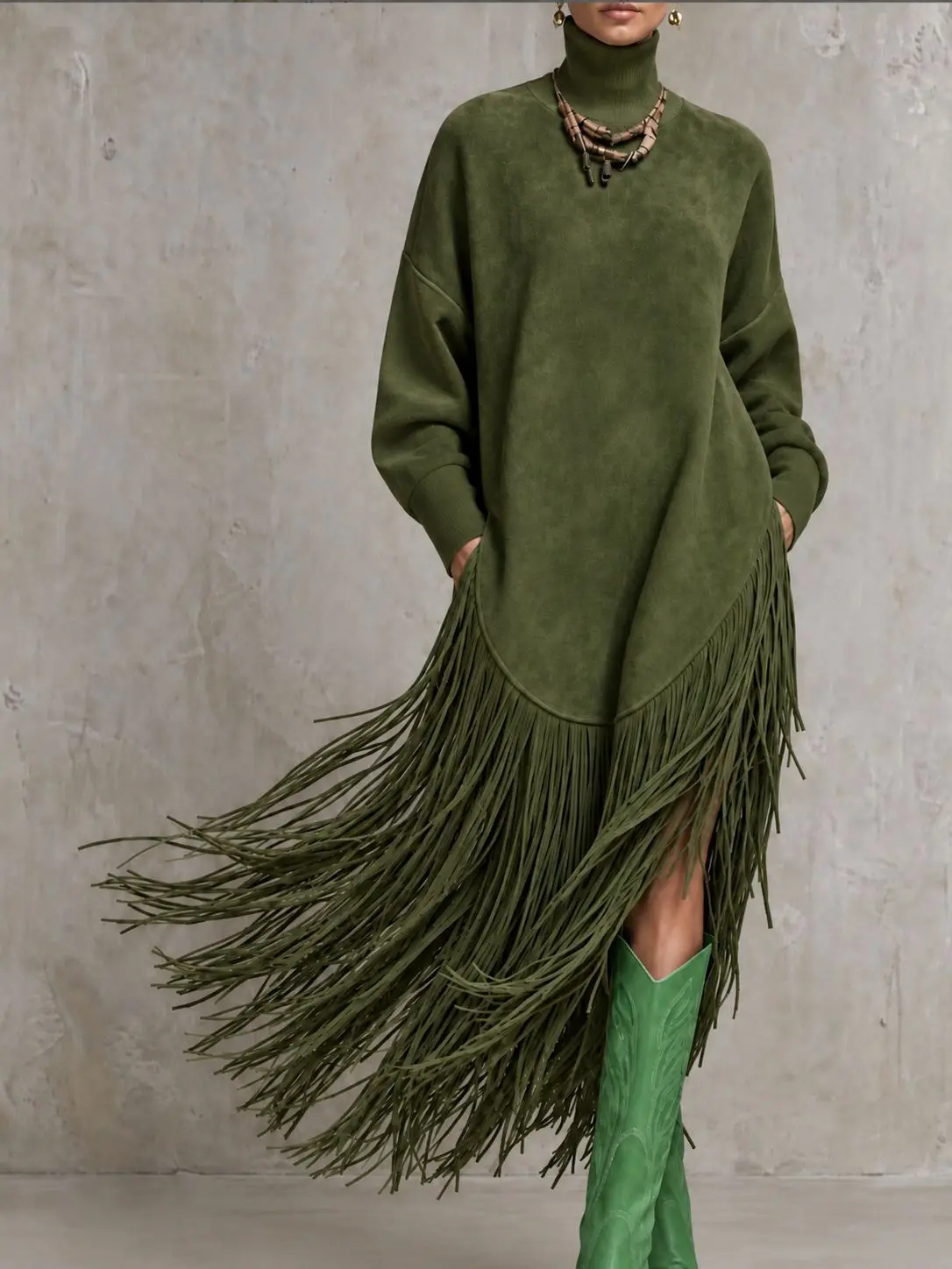 Damen Rollkragenkleid mit Fransen aus Wildleder, Maxi-Länge, Oversize, lange Ärmel, mit Taschen, lässig, Herbst/Winter, Vintage, Quasten, lockeres Kleid