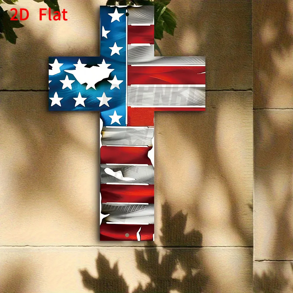 2D Flat 1pc  Cross Home Decor, Tattered American Flag Veteran Memorial Gift for Halloween/Christmas/Independence Day/Father's