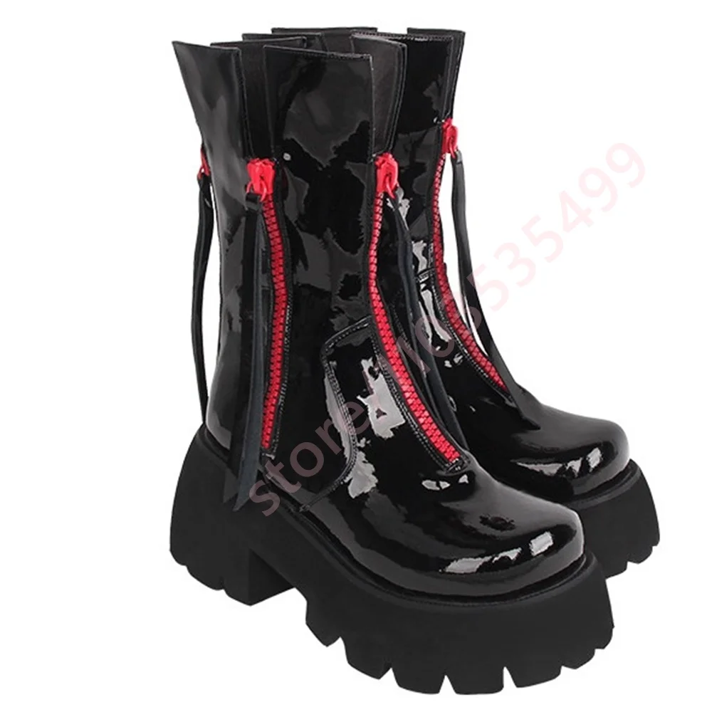 

Черные лакированные кожаные ботинки на платформе с кисточками в стиле панк, новинка 2026, мотоциклетные ботинки Y2K с круглым носком, уличная мода, женские готические ботинки