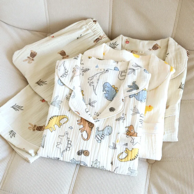 

Новый женский пижамный комплект 2026 года для весны и осени, 100% хлопок, креп, с мультяшным принтом, с длинными рукавами и брюками, домашняя одежда из двух предметов