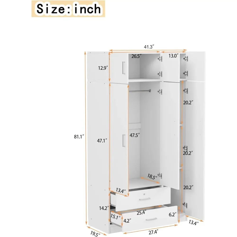 3-Door Mirror Wardrobe Closet with 2 Drawers and Top Cabinet| Modern Armoire with Shelves and Hanging Rod| for Bedroom