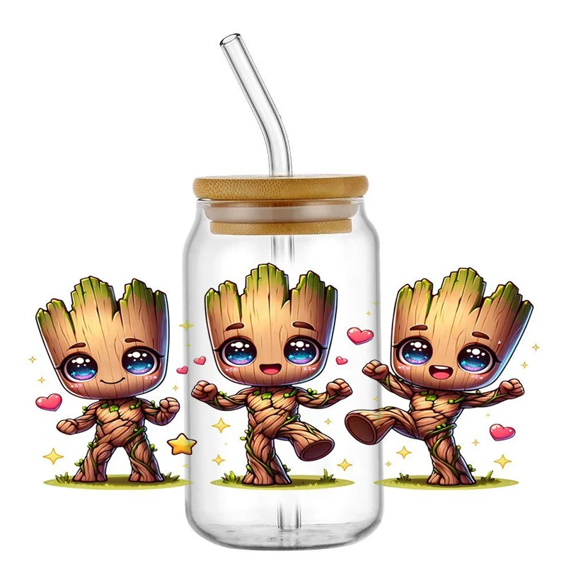 Miniso Groot Cartoon Decal Washable Cup Transfer Sticker DIY Tree Man Pattern UV DTF Cup Wrap for 16oz Libbey Glasses