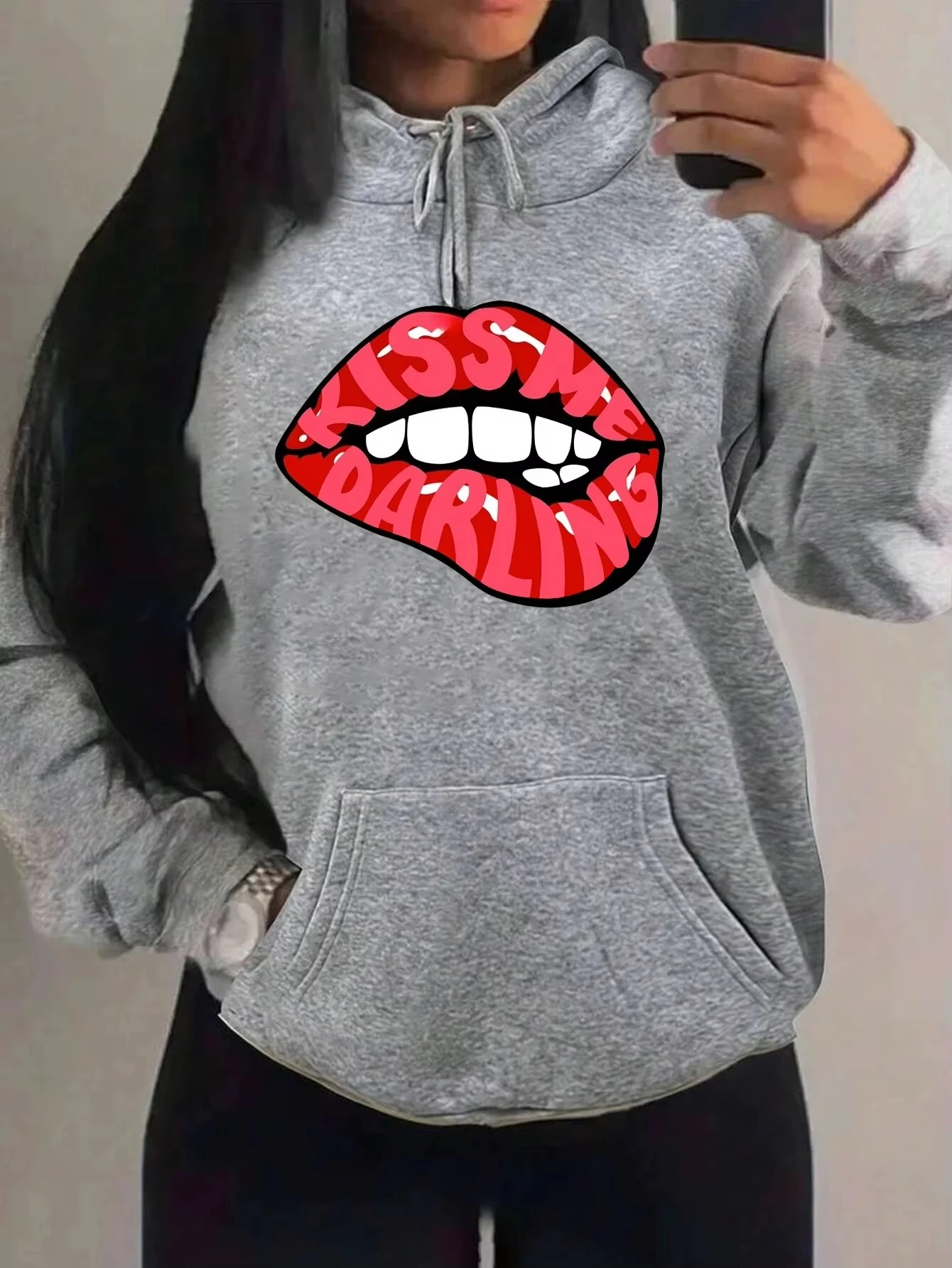 

Толстовки с принтом красных губ Kiss Me Darling, женские осенние флисовые толстовки Y2K, повседневная уличная одежда в стиле хип-хоп, универсальные пуловеры