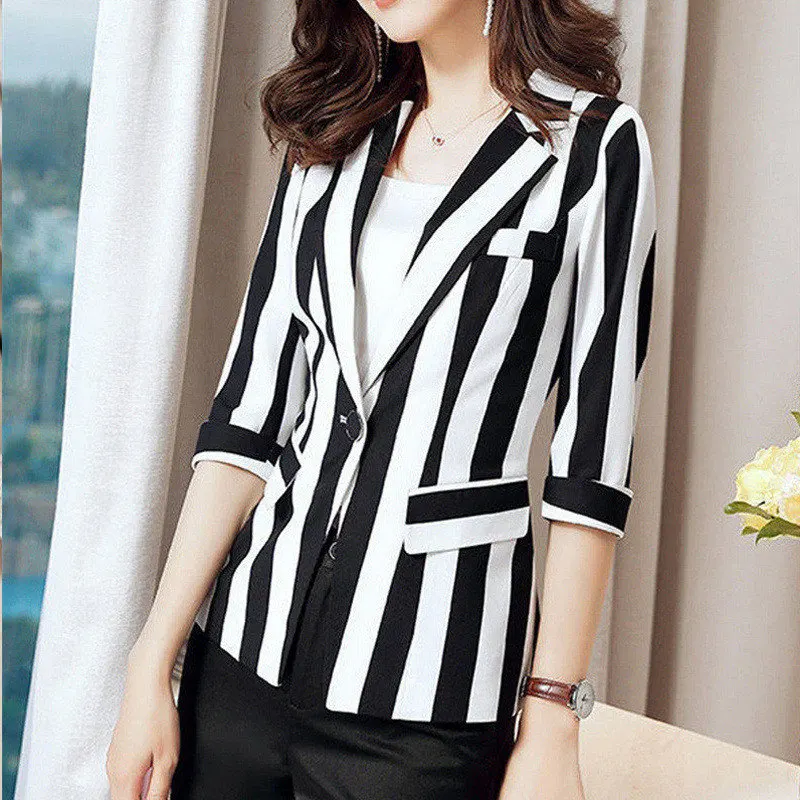 2022 Spring Autumn Women Fashion Temperament Striped Slim Office Lady Business Suit Elegant Pockets Notched Blazers Jackets Coat