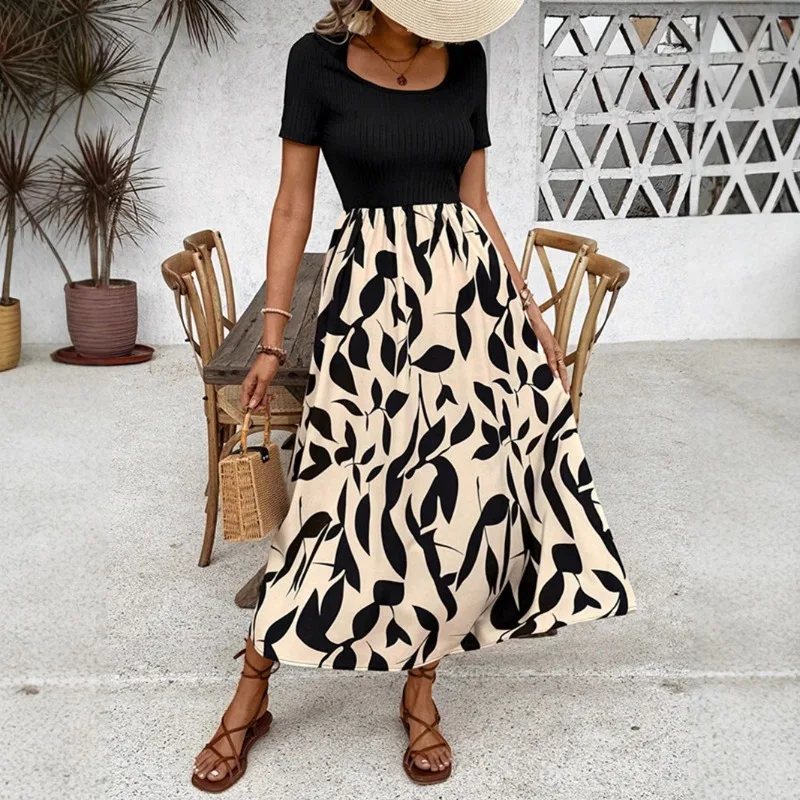 

Skinny Splicing High Waist Leaf Print Dresses Spring/Summer Women's Dress New Elegant French Square Neck Short Sleeve Midi Dress