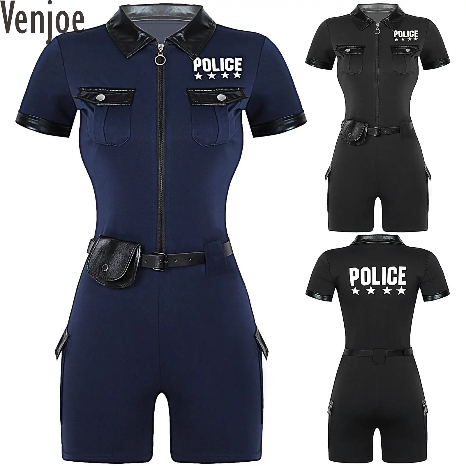 

Womens Dirty Cop Costume Policewoman Fancy Dress Up Front Zipper Short Sleeve Jumpsuit with Belt and Purse Police Uniform