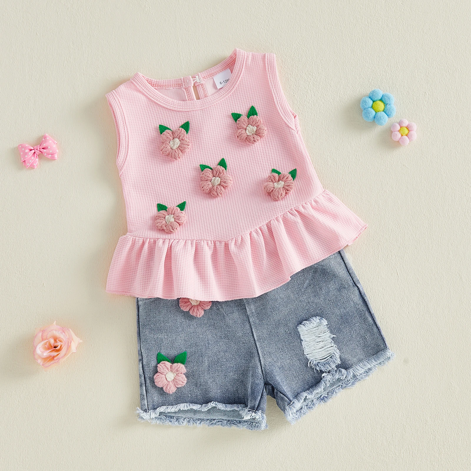 0-4Y Toddler Girl Summer Outfits Flower Decor Round Neck Sleeveless Tank Tops Elastic Waist Denim Shorts 2Pcs Clothes Set