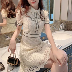 Summer Hollow Out White Lace Dress Women Streetwear Short Sleeve Polo Mini Dress Office Lady Party Dresses Vestidos