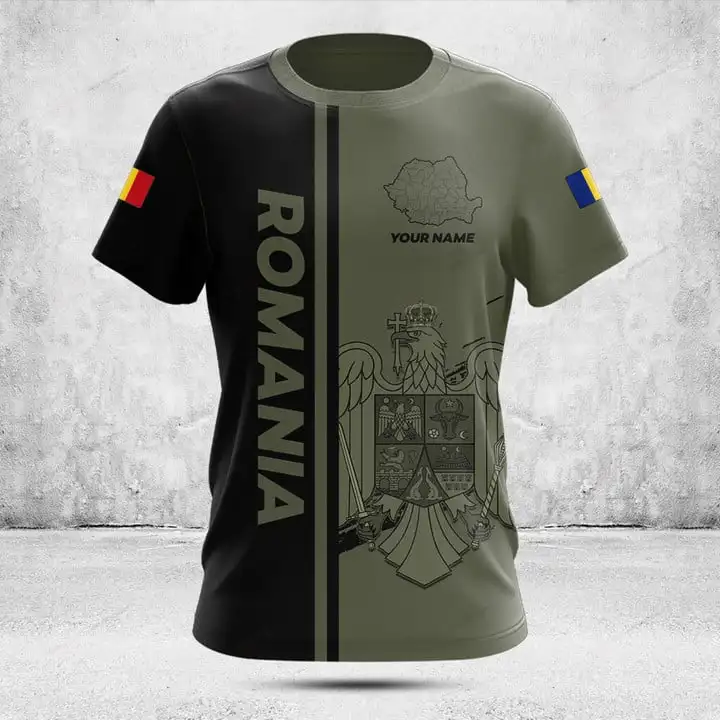 Custom Name Summer Casual Romania Flag ArmyGreen Graphic T-shirts Men's Fashion Jersey Short Sleeve Tops Fast Dry Streetwear