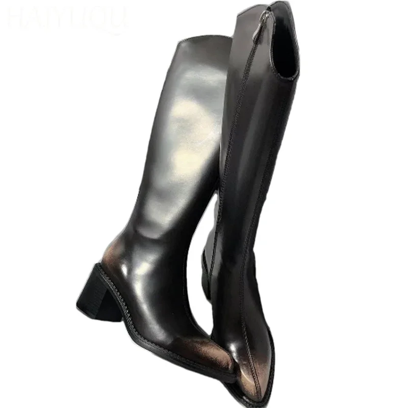 Women Pointed Toe High Boots Leather High Heels Shoes Woman 2025 Trend Fashion Winter Retro Pumps Motorcycle Boots Mujer Botas image 6