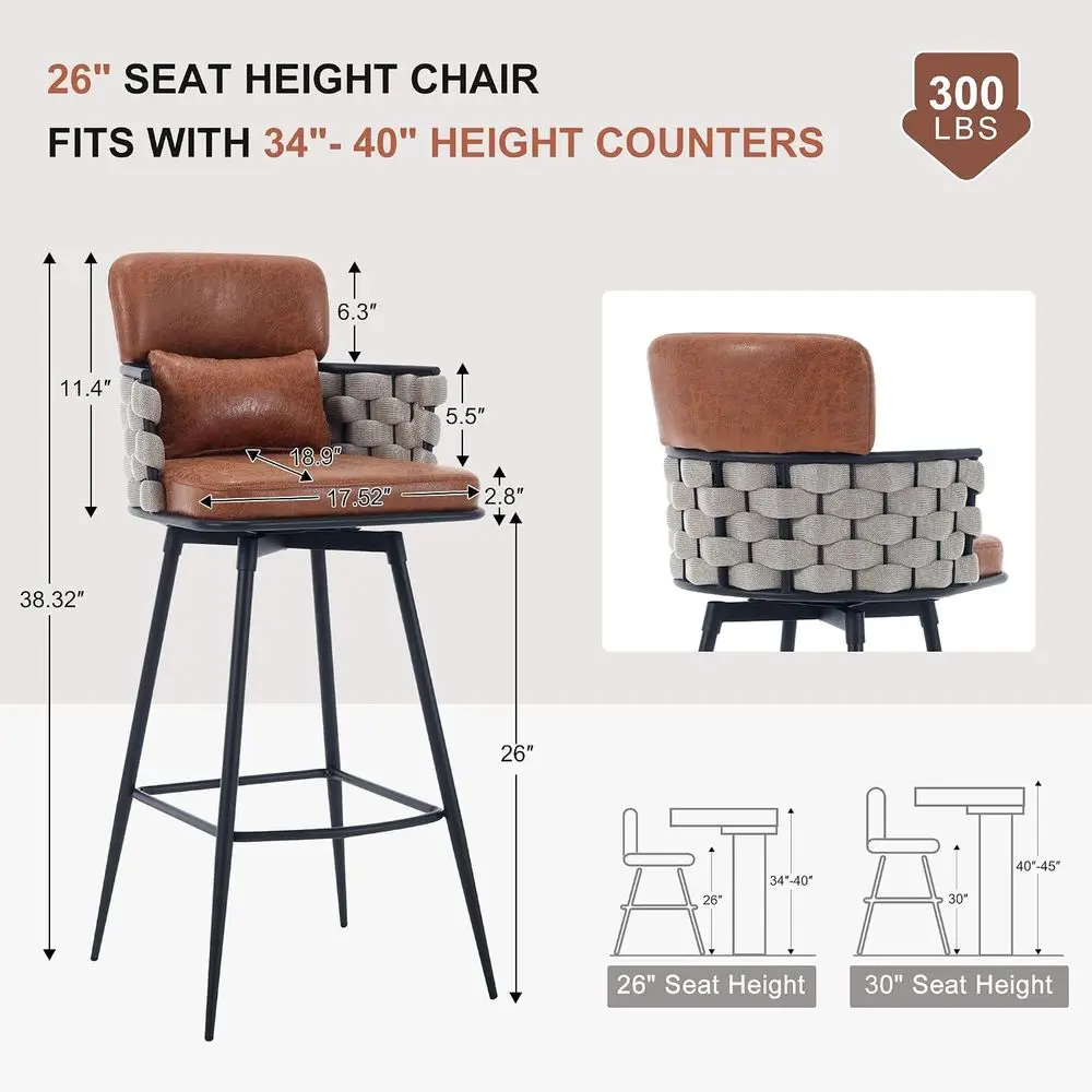 Swivel Bar Stools Set o 2, 26inch Bar Height Bar Stools, Hand-Woven Barstool with Back and ootrest, -Century Upholstered Suede a