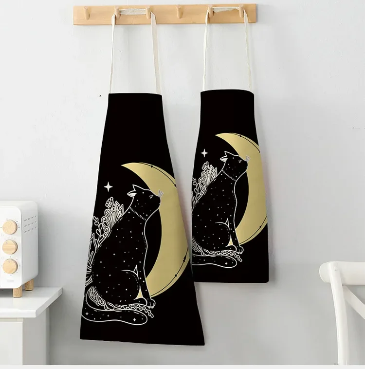 Black Cute Cat Printed Kitchen Cooking Baking Aprons 55x68cm Sleeveless Cotton Linen for Women Man Home Delantal Cocina