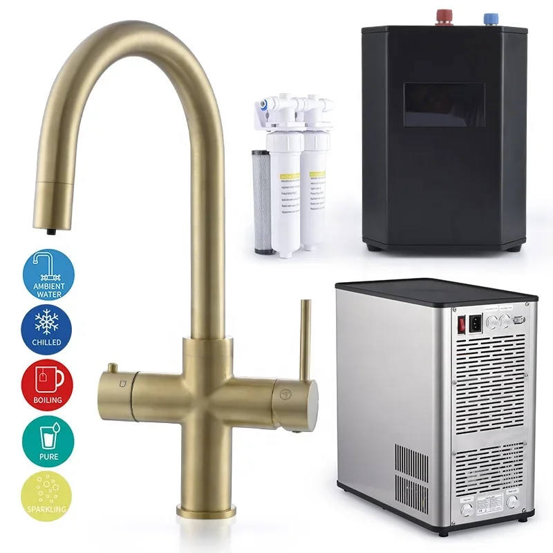 

3 4 5 in 1 filter chilled sparkling boiling water tap system brass instant hot kitchen faucet brushed gold boiling water tap