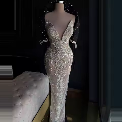 Floria Evening Gowns Capes Deep V-neck Lace Fishtail Dress with Gloves Unique Cocktail Party Dress