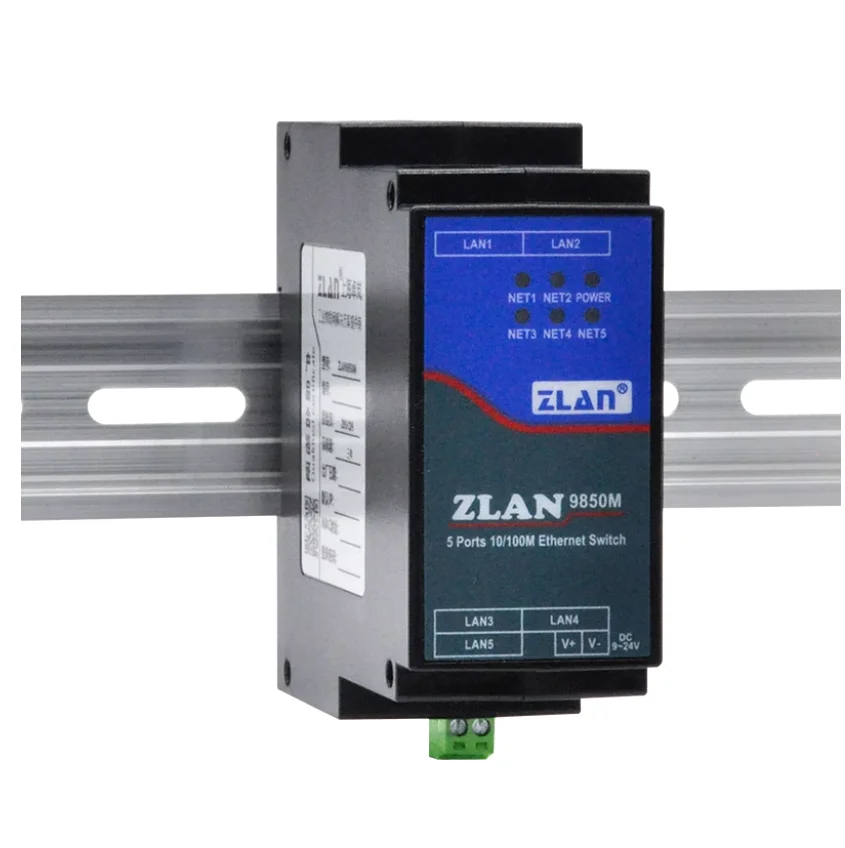 Switch industrial de 5 portas, hub de derivação de ramo de rede ethernet de 100 megabits plug and play não gerenciado-ZLAN9850M