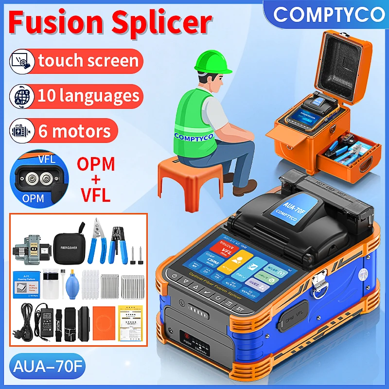 COMPTYCO Six Motors AUA-70F Fiber Optic Fusion Splicer Touch Screen Multilingual Optical Fiber Fusion Machine Built-in OPM VFL