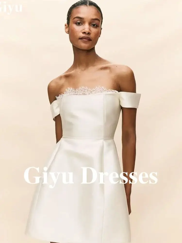 Giyu White Satin Wedding Dresses Europe and the United States Ladies Sweetheart Strapless Bubble Sleeve Knee Length Bridal Gowns