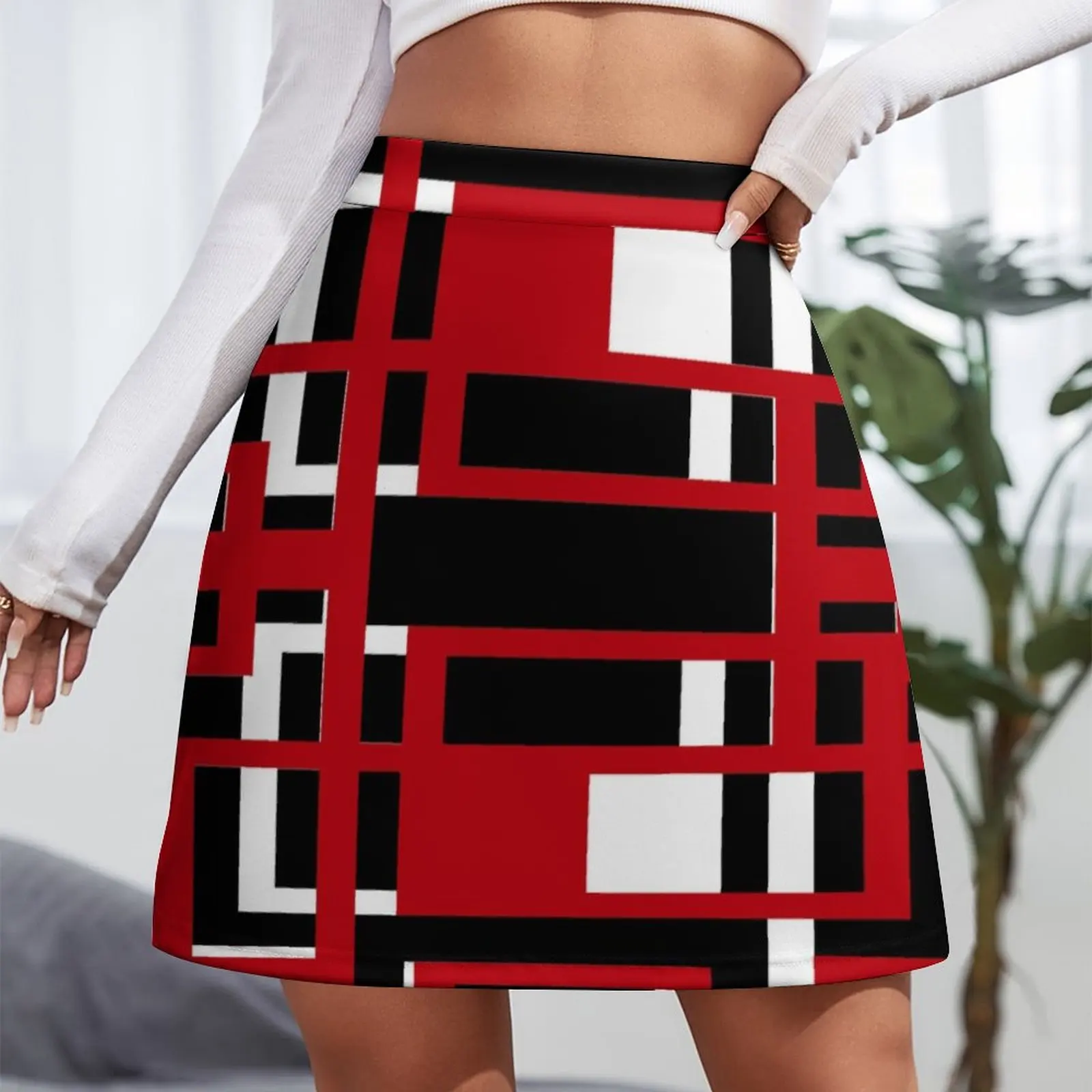 Rectangles Red and White Geo Abstract On Black Mini Skirt Women's skirt korean ladies summer Korean clothing