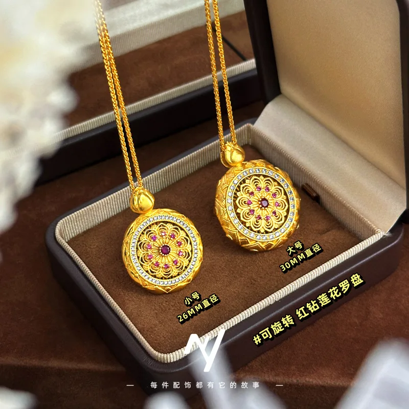 

9999 24-каратное настоящее золото, новый стиль, национальный стиль, дизайн, филигранная точка, бриллиант, вращающийся красный бриллиант, кулон с компасом лотоса для женщин