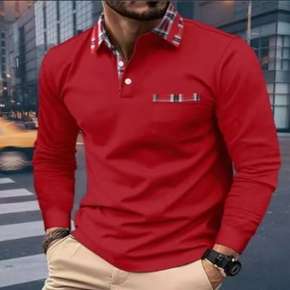 Camisa polo de manga comprida SpringAutumn, camisa esportiva casual, cor pura, camiseta com gola xadrez vermelha, roupas masculinas respiráveis, moda