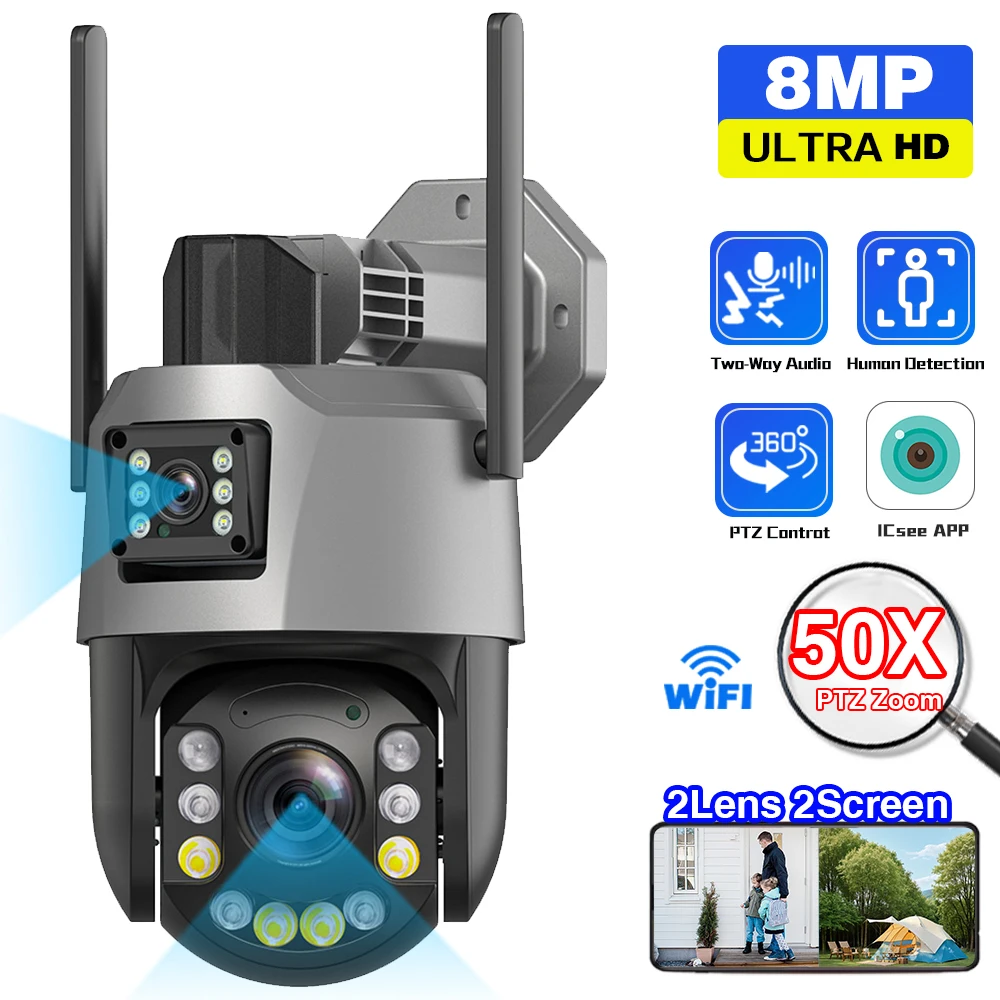 

8MP4K HD 50X Zoom Outdoor Wifi PTZ Camera Dual Lens Dual screen Waterproof Colour Night Vision IP Security Camera