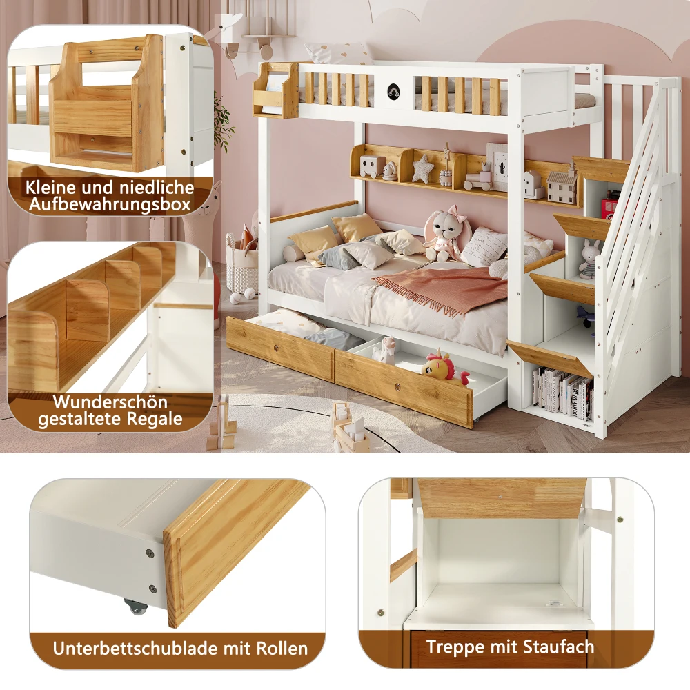 PINGGO Weißes Naturholz-Etagenbett 90x200cm mit Stauraum-Treppe, 4 Schränken, 2 Schubladen, offenem Regal, Fallschirmgitter, Kiefer+MDF, ohne Matratze – Detail 8